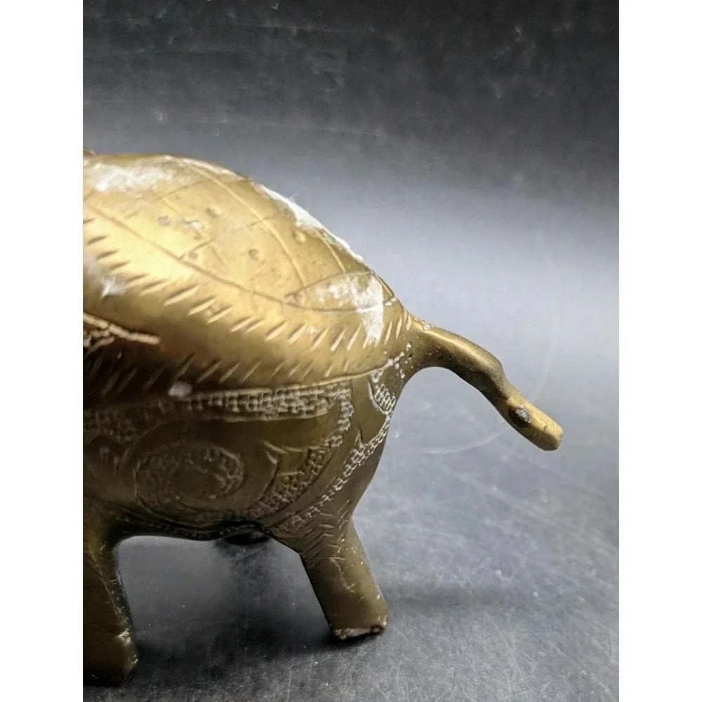 Vintage Etched Brass Elephant Figurine Trunk Up Good Luck Statue India Decor 6